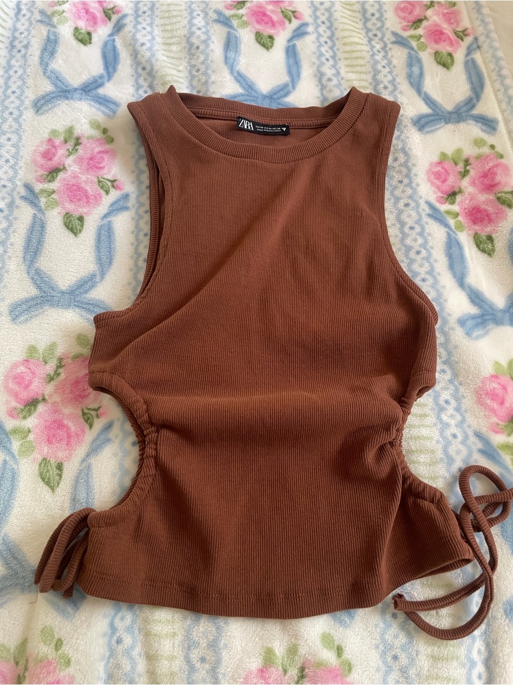 ZARA Brown Ribbed Side-Tie Cutout Crop Top